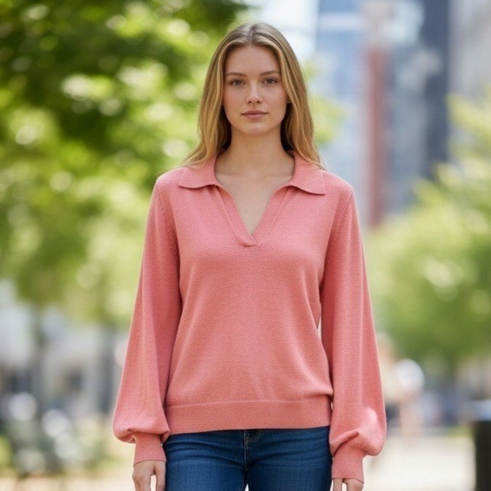 Vince Camuto Womens Coral Pink Polo V-Neck Balloon Sleeve Knit Sweater M